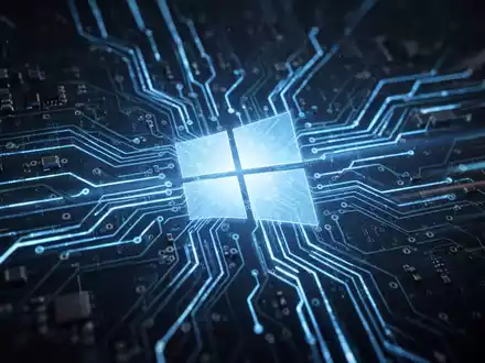 Leuchtend blaue Platine mit Lichtspuren, futuristisches Windows-Logo, symbolisiert Geschwindigkeit und Niedriglatenz-Technologie. - Foto: über boerse-global.de
