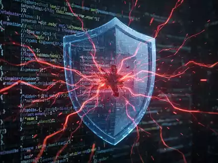 Rote Schadcode-Zeilen durchbrechen einen blauen Schild als Symbol für einen Cyberangriff auf Sicherheitssoftware. - Foto: über boerse-global.de
