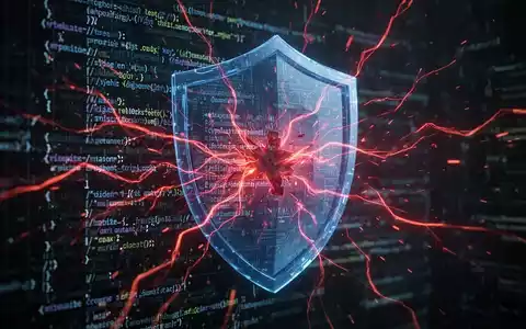 Rote Schadcode-Zeilen durchbrechen einen blauen Schild als Symbol für einen Cyberangriff auf Sicherheitssoftware. - Foto: über boerse-global.de