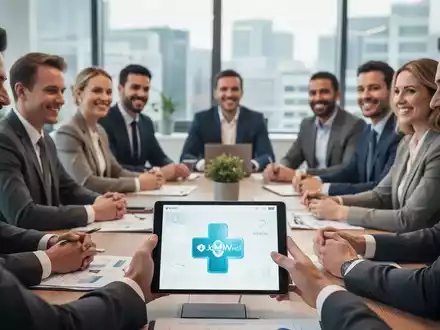 Mitarbeiter eines KMU in einem modernen Büro, die ein Tablet mit einer symbolischen Krankenversicherungsoberfläche betrachten, was auf betriebliche Krankenversicherung hinweist. - Foto: über boerse-global.de