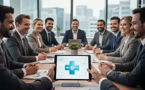Mitarbeiter eines KMU in einem modernen Büro, die ein Tablet mit einer symbolischen Krankenversicherungsoberfläche betrachten, was auf betriebliche Krankenversicherung hinweist. - Foto: über boerse-global.de