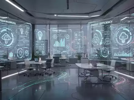 Futuristisches Büro mit transparenten Bildschirmen, die KI-Schnittstellen zur Ressourcen- und Energiesteuerung anzeigen. - Foto: über boerse-global.de