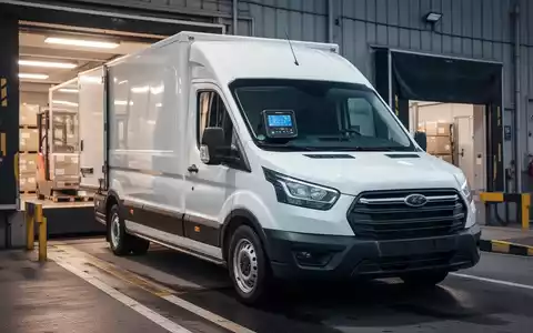 Ein weißer Transporter mit einem digitalen Tachografen auf dem Armaturenbrett, geparkt an einer Laderampe. - Foto: über boerse-global.de