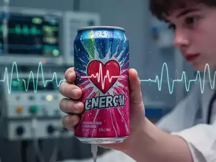 Nahaufnahme der Hand eines Jugendlichen, der eine bunte Energydrink-Dose hält, im Hintergrund leicht verschwommene medizinische Geräte. - Foto: über boerse-global.de