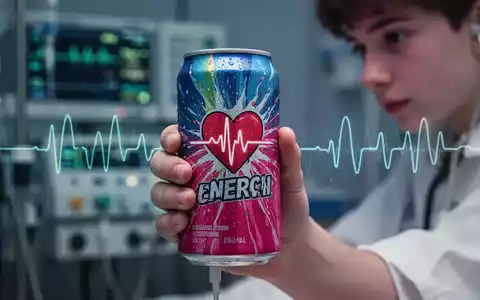 Nahaufnahme der Hand eines Jugendlichen, der eine bunte Energydrink-Dose hält, im Hintergrund leicht verschwommene medizinische Geräte. - Foto: über boerse-global.de