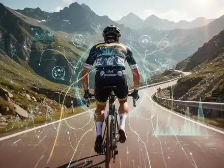 Ein Radsportler in voller Rennmontur fährt eine steile Bergstraße hinauf, mit subtilen digitalen Überlagerungen von biometrischen Daten. - Foto: über boerse-global.de