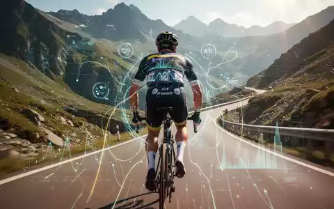 Ein Radsportler in voller Rennmontur fährt eine steile Bergstraße hinauf, mit subtilen digitalen Überlagerungen von biometrischen Daten. - Foto: über boerse-global.de