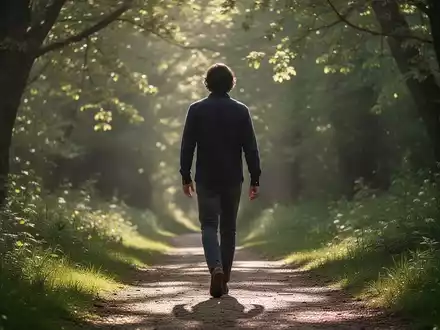 Eine Person geht auf einem Waldweg, Sonnenlicht fällt durch die Bäume. Fokus auf Bewegung und die Verbindung zur Natur. - Foto: über boerse-global.de
