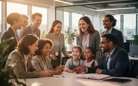 Eine vielfältige Gruppe lächelnder Angestellter, darunter Eltern und Kinder, interagiert positiv in einem modernen, hellen Büro. - Foto: über boerse-global.de