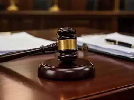 Ein Gavel liegt auf einem dunklen Holztisch in einem Gerichtssaal, umgeben von verschwommenen Rechtsdokumenten. - Foto: über boerse-global.de