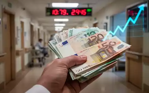 Nahaufnahme einer Hand, die Euro-Banknoten hält, mit verschwommenem Hintergrund eines Pflegeheimflurs und digitaler Anzeige. - Foto: über boerse-global.de