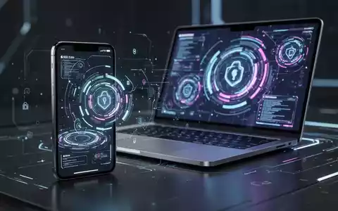 Nahaufnahme eines modernen Smartphones und Laptop-Bildschirms mit abstrakten, leuchtenden UI-Elementen, die Softwareentwicklung symbolisieren. - Foto: über boerse-global.de