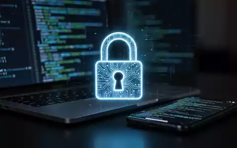 Ein leuchtendes digitales Vorhängeschloss-Symbol über einem verschwommenen Laptop und Smartphone, die Code anzeigen. - Foto: über boerse-global.de