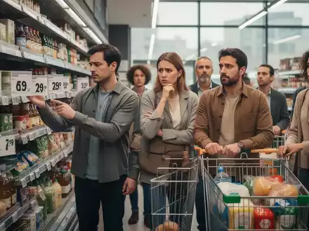 Europäische Verbraucher im Supermarkt, die Preise prüfen und nachdenklich über ihre Einkäufe nachdenken, während die Inflation die Kaufkraft beeinträchtigt. - Foto: über boerse-global.de