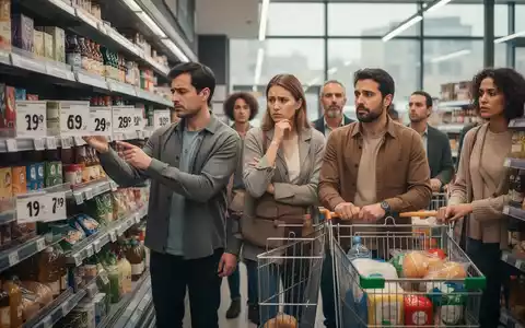 Europäische Verbraucher im Supermarkt, die Preise prüfen und nachdenklich über ihre Einkäufe nachdenken, während die Inflation die Kaufkraft beeinträchtigt. - Foto: über boerse-global.de