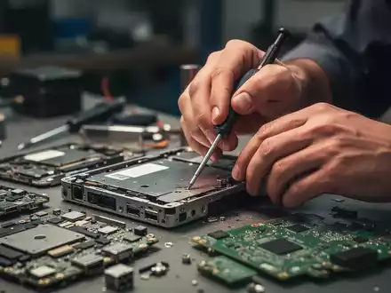 Hände reparieren ein elektronisches Gerät mit einem Schraubenzieher, umgeben von zerlegten Komponenten. - Foto: über boerse-global.de