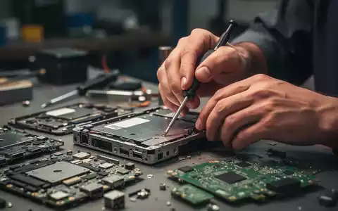 Hände reparieren ein elektronisches Gerät mit einem Schraubenzieher, umgeben von zerlegten Komponenten. - Foto: über boerse-global.de