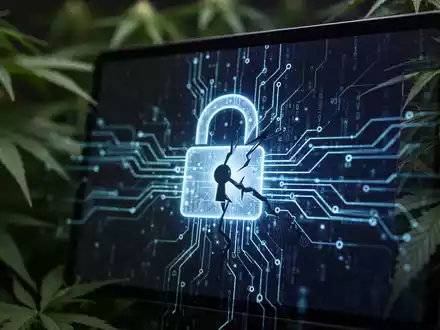 Ein digitales Vorhängeschloss-Symbol über einem leuchtenden Datenstrom auf einem dunklen Bildschirm, mit unscharfen Cannabisblättern im Hintergrund. - Foto: über boerse-global.de