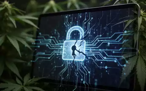 Ein digitales Vorhängeschloss-Symbol über einem leuchtenden Datenstrom auf einem dunklen Bildschirm, mit unscharfen Cannabisblättern im Hintergrund. - Foto: über boerse-global.de