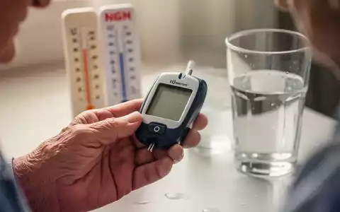 Eine Hand hält ein Blutzuckermessgerät; im Hintergrund ein Thermometer mit hoher Temperatur und ein Glas Wasser. - Foto: über boerse-global.de