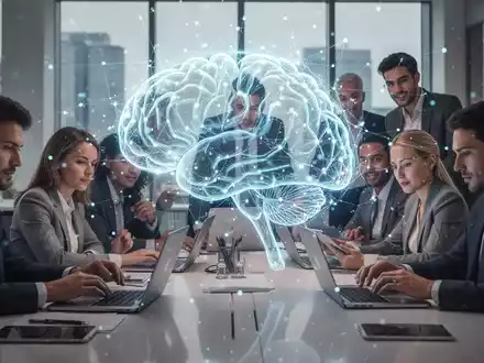 Ein leuchtendes KI-Netzwerk überlagert Geschäftsleute in einem modernen Büro, symbolisiert Technologieintegration und Zusammenarbeit. - Foto: über boerse-global.de