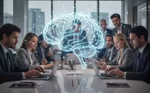 Ein leuchtendes KI-Netzwerk überlagert Geschäftsleute in einem modernen Büro, symbolisiert Technologieintegration und Zusammenarbeit. - Foto: über boerse-global.de