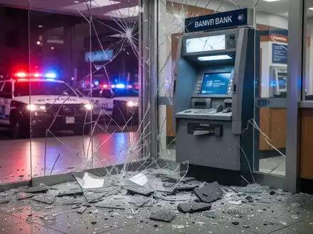 Ein zerstörter Geldautomat mit Glassplittern und Trümmern im Vordergrund, im Hintergrund verschwommenes Blaulicht der Polizei. - Foto: über boerse-global.de