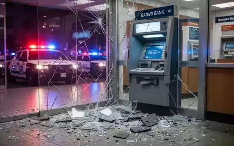 Ein zerstörter Geldautomat mit Glassplittern und Trümmern im Vordergrund, im Hintergrund verschwommenes Blaulicht der Polizei. - Foto: über boerse-global.de