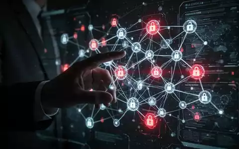 Schattenhafte Hand interagiert mit digitaler Oberfläche, leuchtende Knotenpunkte mit roten Warnlichtern symbolisieren KI-Sicherheitsbedrohungen. - Foto: über boerse-global.de