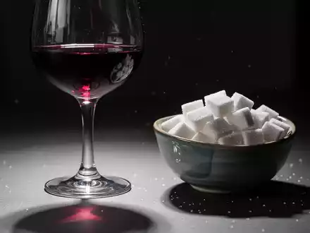 Ein Glas Rotwein und eine Schale mit Zuckerwürfeln auf einem dunklen Tisch, symbolisch für die Gesundheitsdebatte. - Foto: über boerse-global.de