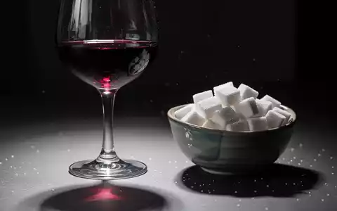 Ein Glas Rotwein und eine Schale mit Zuckerwürfeln auf einem dunklen Tisch, symbolisch für die Gesundheitsdebatte. - Foto: über boerse-global.de