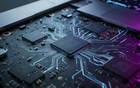 Nahaufnahme eines Laptop-Motherboards mit komplexen Siliziumchips, beleuchtet von kühlen blauen und violetten Lichtern. - Foto: über boerse-global.de