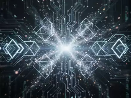 Abstraktes Bild mit leuchtenden geometrischen Mustern und Leiterplattenelementen, die Quantencomputing und Datensicherheit symbolisieren. - Foto: über boerse-global.de
