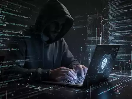 Person in Kapuzenjacke tippt auf Laptop, umgeben von abstraktem digitalem Code und Datenströmen, die KI-Cyberangriffe symbolisieren. - Foto: über boerse-global.de