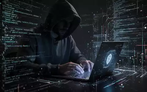 Person in Kapuzenjacke tippt auf Laptop, umgeben von abstraktem digitalem Code und Datenströmen, die KI-Cyberangriffe symbolisieren. - Foto: über boerse-global.de