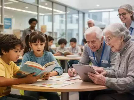 Eine vielfältige Gruppe von Kindern und Senioren, die mit Ehrenamtlichen interagieren und lernen, darunter Sprachförderung und digitale Bildung. - Foto: über boerse-global.de