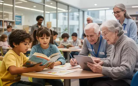 Eine vielfältige Gruppe von Kindern und Senioren, die mit Ehrenamtlichen interagieren und lernen, darunter Sprachförderung und digitale Bildung. - Foto: über boerse-global.de