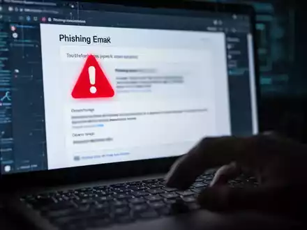 Eine Nahaufnahme eines verschwommenen Computerbildschirms, der eine Phishing-E-Mail-Oberfläche mit einem roten Warnsymbol anzeigt. - Foto: über boerse-global.de