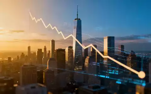 Grafik, die einen Rückgang darstellt, überlagert eine moderne Skyline eines Finanzviertels bei Sonnenuntergang. - Foto: über boerse-global.de