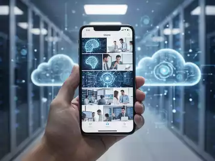 Eine Hand hält ein Smartphone mit einer Fotogalerie, im Hintergrund ein verschwommenes, futuristisches Rechenzentrum. - Foto: über boerse-global.de