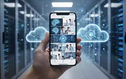 Eine Hand hält ein Smartphone mit einer Fotogalerie, im Hintergrund ein verschwommenes, futuristisches Rechenzentrum. - Foto: über boerse-global.de