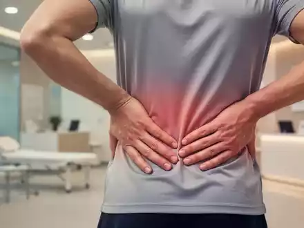 Eine Person berührt sanft ihren unteren Rücken, um Rückenschmerzlinderung zu zeigen, mit einem unscharfen Hintergrund eines Wellnesszentrums. - Foto: über boerse-global.de