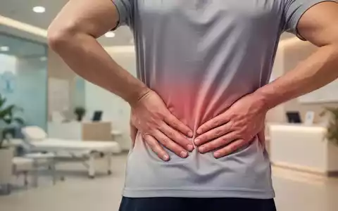 Eine Person berührt sanft ihren unteren Rücken, um Rückenschmerzlinderung zu zeigen, mit einem unscharfen Hintergrund eines Wellnesszentrums. - Foto: über boerse-global.de