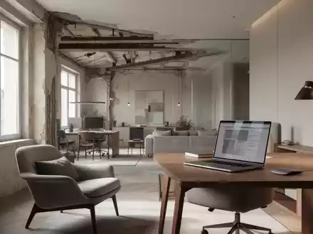 Ein modernes Homeoffice in einem hellen Wohnzimmer, das die Integration von Arbeit und Wohnraum symbolisiert. - Foto: über boerse-global.de