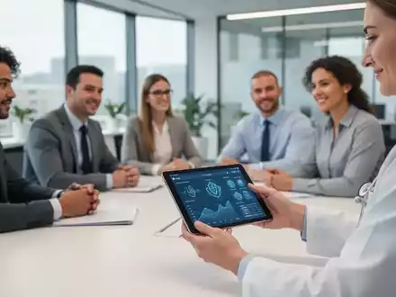 Mitarbeiter in einem modernen Büro werden von einem Betriebsarzt betreut, mit Fokus auf ein Tablet, das digitale Gesundheitsdaten anzeigt. - Foto: über boerse-global.de