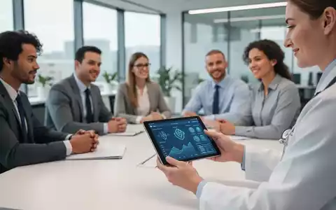 Mitarbeiter in einem modernen Büro werden von einem Betriebsarzt betreut, mit Fokus auf ein Tablet, das digitale Gesundheitsdaten anzeigt. - Foto: über boerse-global.de