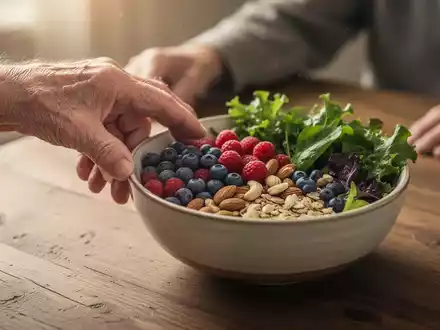Eine ältere Hand greift nach einer Schale mit gesunden Lebensmitteln wie Beeren und Nüssen, symbolisierend Ernährung und Demenzprävention. - Foto: über boerse-global.de