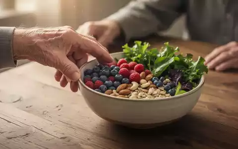 Eine ältere Hand greift nach einer Schale mit gesunden Lebensmitteln wie Beeren und Nüssen, symbolisierend Ernährung und Demenzprävention. - Foto: über boerse-global.de