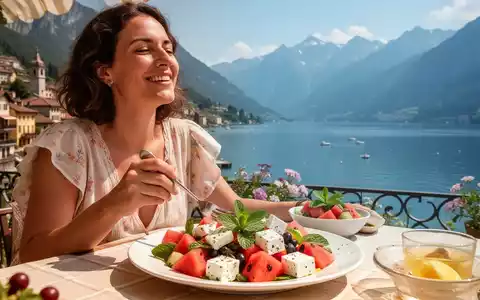 Eine Person genießt eine gesunde Mahlzeit im Freien an einem sonnigen Urlaubsort, mit frischen Zutaten wie Wassermelone, Feta und Minze. - Foto: über boerse-global.de