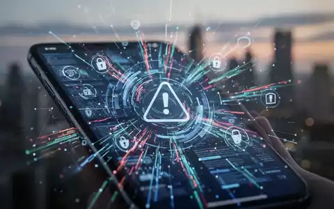 Ein Smartphone-Bildschirm mit komplexen digitalen Schnittstellen und Sicherheitssymbolen, vor einer verschwommenen Stadtlandschaft bei Dämmerung. - Foto: über boerse-global.de